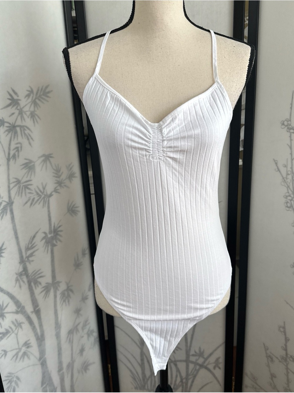 Zara White Ribbed V-Neck Satin-Feel Bodysuit